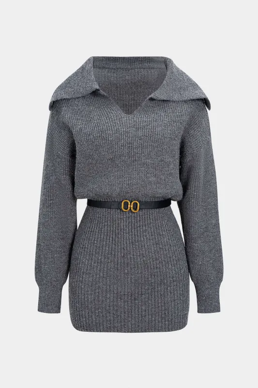 Knit Lapel Belted Long Sleeve Dress sold by Micas