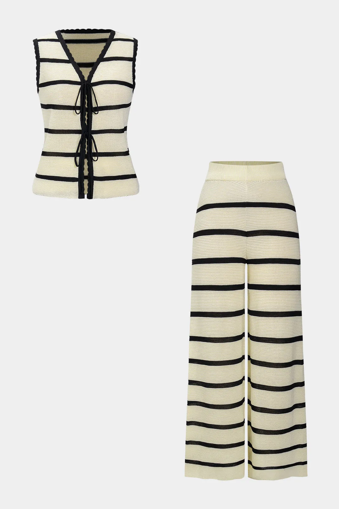 Knit Stripes Contrast Print Tie Front Vest And Wide Leg Pants Set sold by Micas