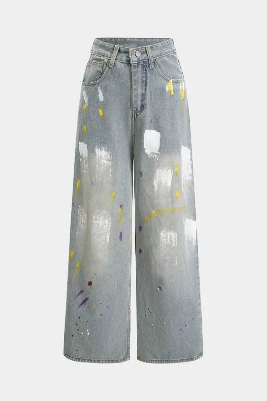 Denim Washed Straight Leg Wide Leg Jeans sold by Micas