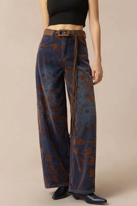 Denim Zipper Floral Embroidery Belted Wide Leg Jeans sold by Micas