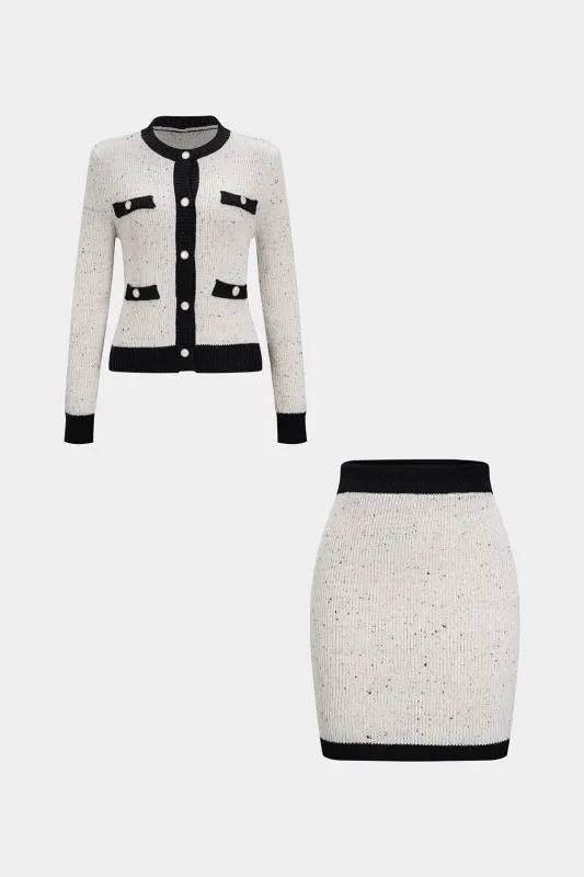 Contrast Button Sweater Long-Sleeve Top And Mini Skirt Set sold by Micas