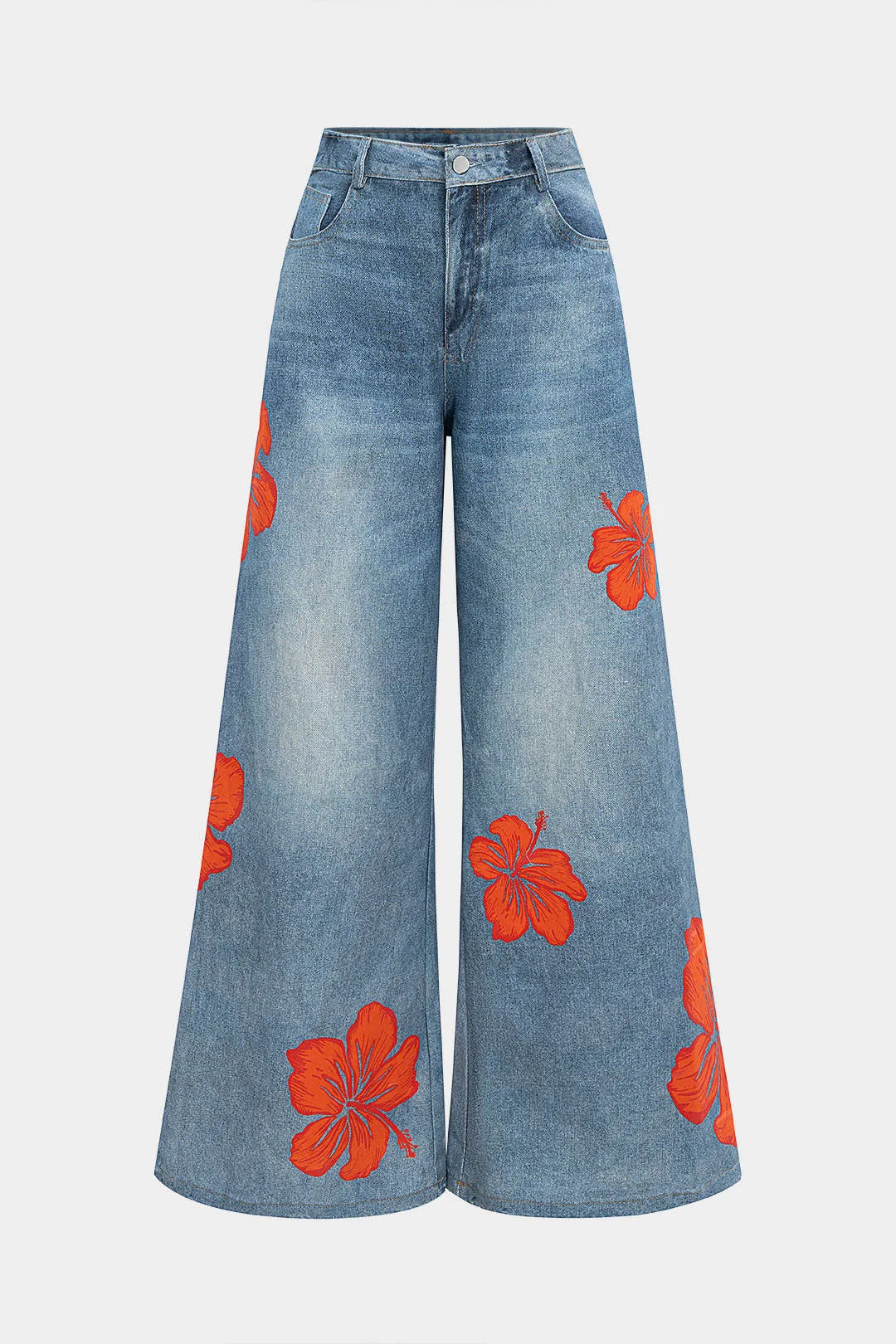 Denim Floral Print Wide Leg Jeans sold by Micas