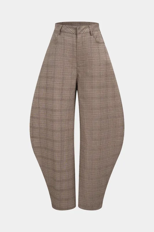 Plaid Print High Waist Barrel Pants made by Micas