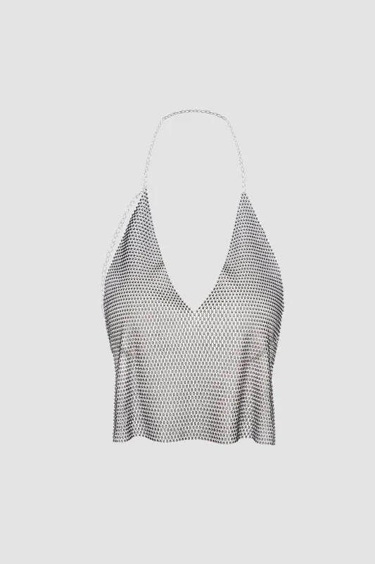 Rhinestone Trim Metallic Chain Halter Neck V-Neck Backless Cami Top sold by Micas