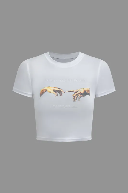 Letter Finger Print Short Sleeve T-Shirt made by Micas