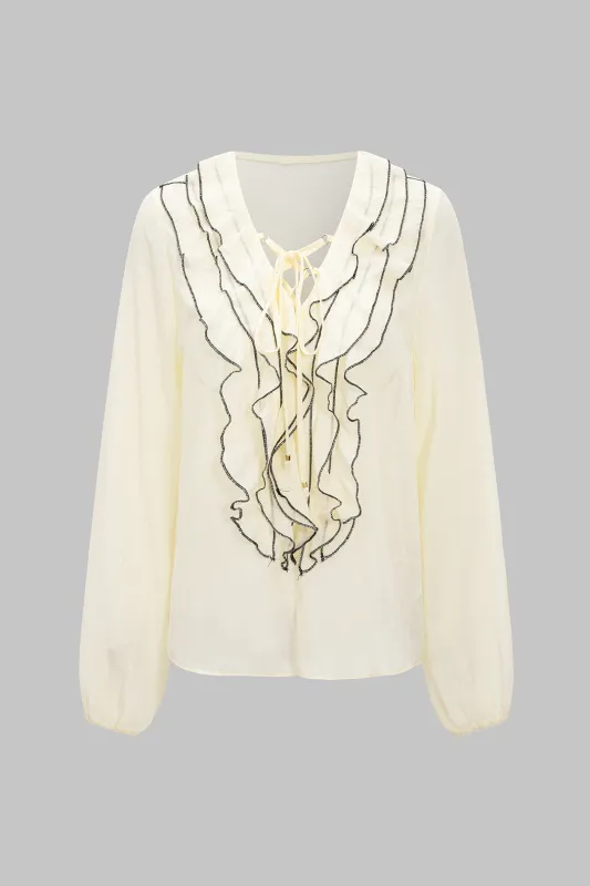 Chiffon Scallop Edge Tie Up Long-Sleeve Shirt sold by Micas