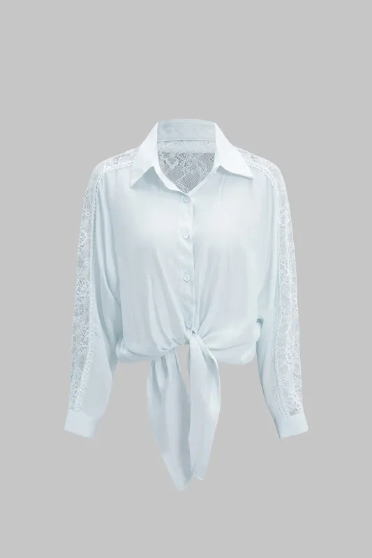 Lace Trim Patchwork Tie Up Long-Sleeve Shirt sold by Micas