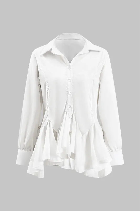 Chiffon Ruched Asymmetrical Ruffle Hem Long-Sleeve Shirt sold by Micas