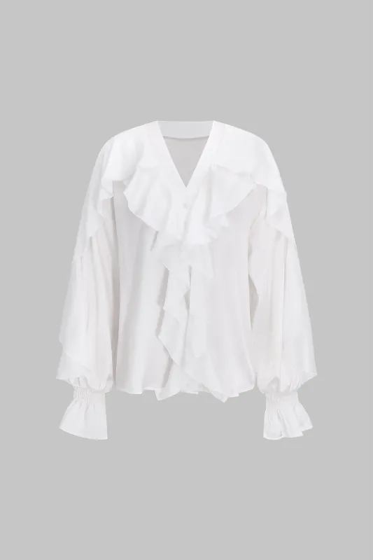 Ruffle V-Neck  Puff Sleeve Shirt sold by Micas