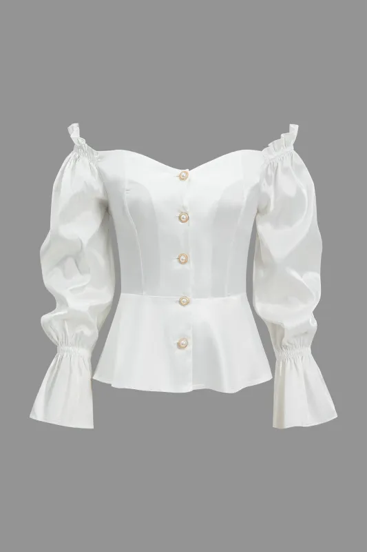 Off Shoulder Pearl Button Puff Sleeve Shirt sold by Micas