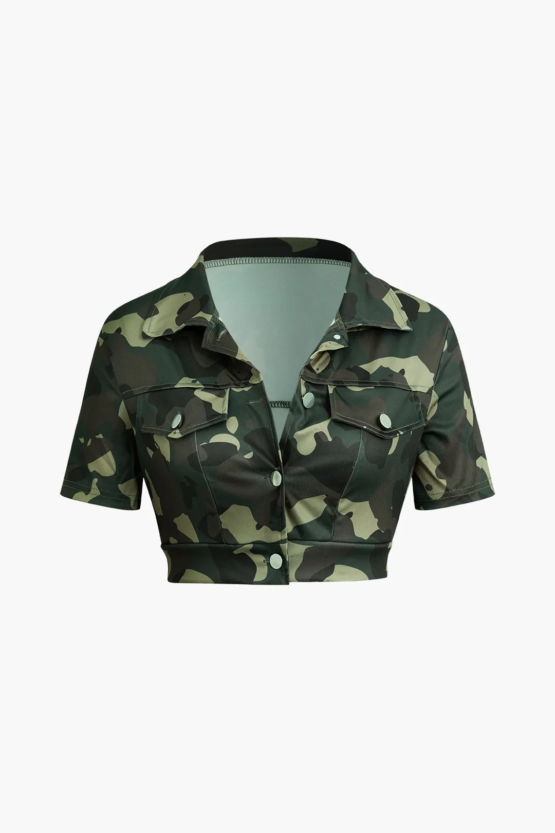 Camo Print V-Neck Button Short Sleeve Top And Shorts Set sold by Micas product image thumbnail 2