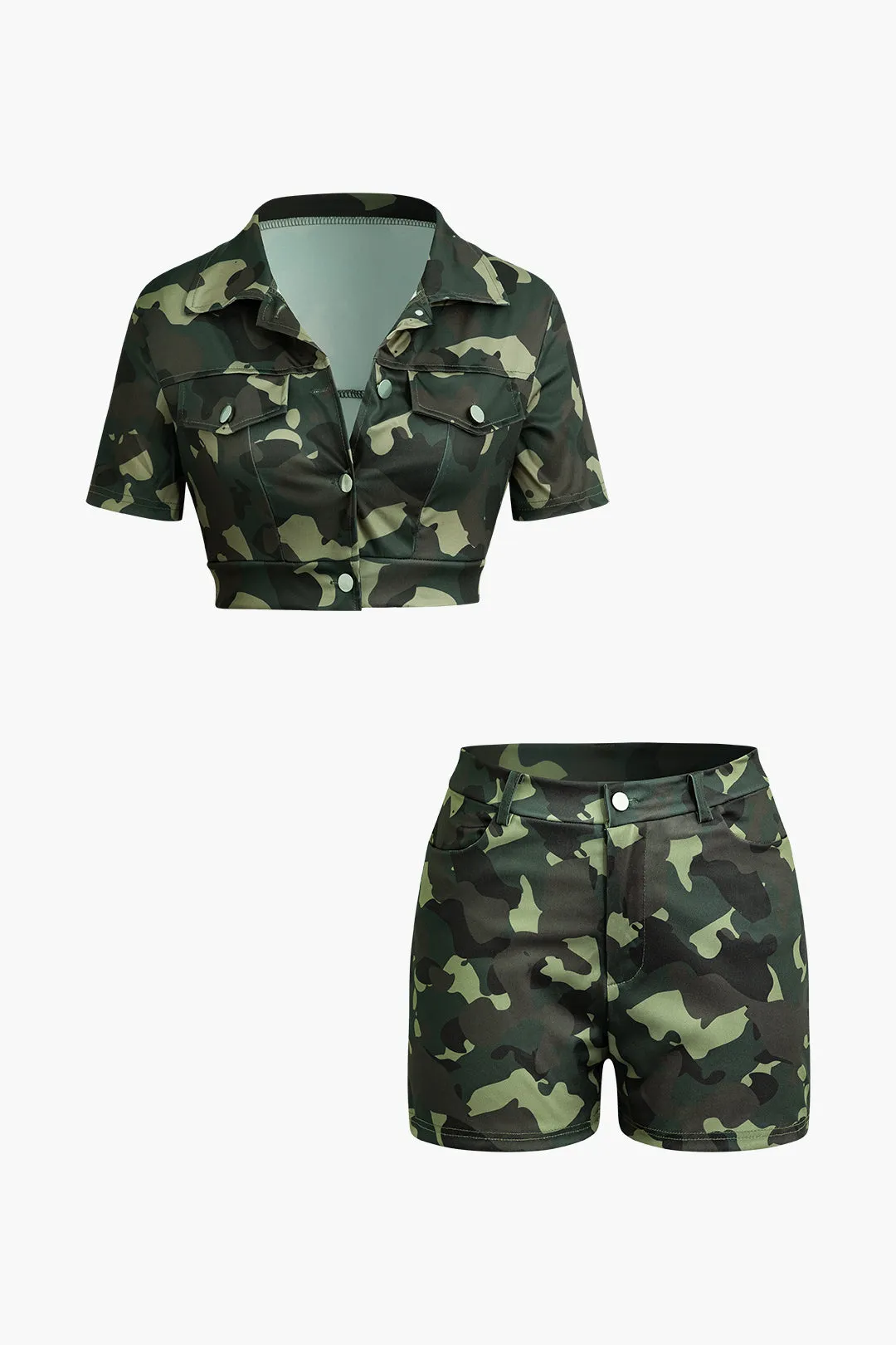 Camo Print V-Neck Button Short Sleeve Top And Shorts Set sold by Micas