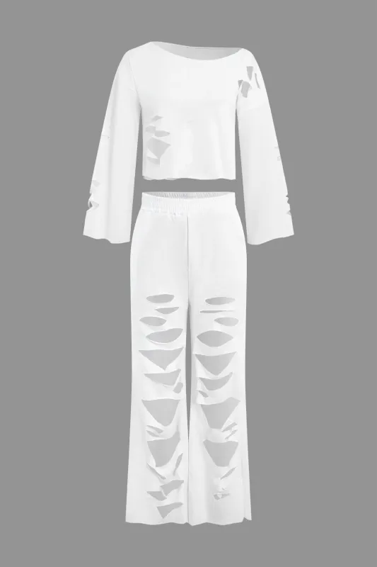 One Shoulder Hollow Out Long Sleeve Top And Trousers Set sold by Micas
