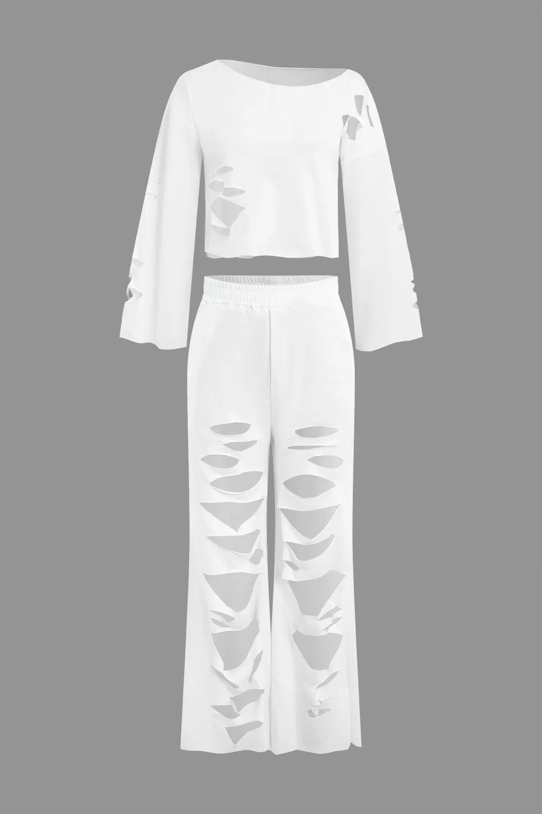 One Shoulder Hollow Out Long Sleeve Top And Trousers Set sold by Micas