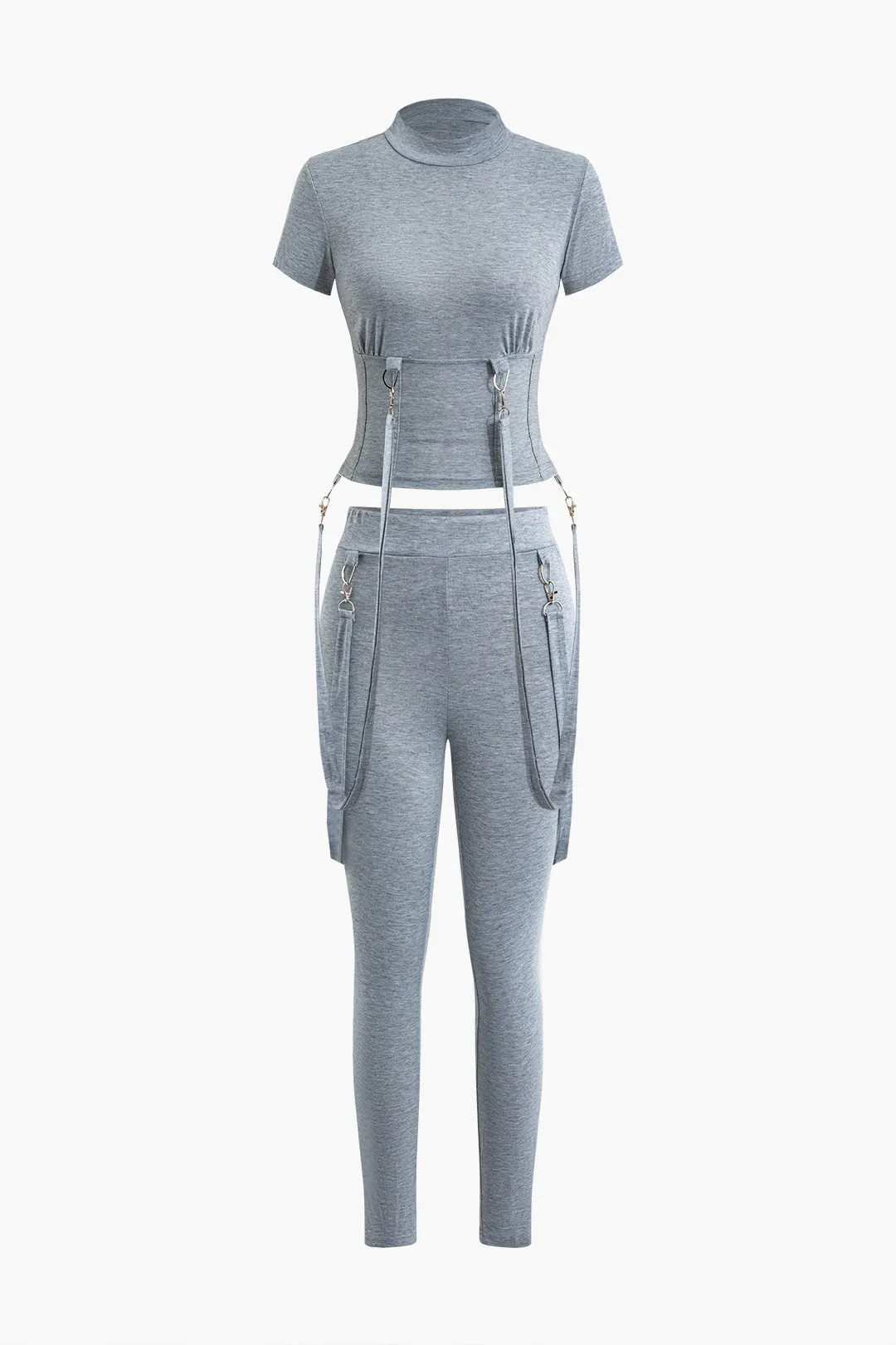 Solid Buckle Mock Neck Short Sleeves Top And Pants Set sold by Micas