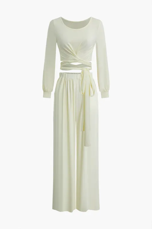 Solid Tie-Up Ruched Cut Out Long Sleeve Top And High Waist Pants Set sold by Micas