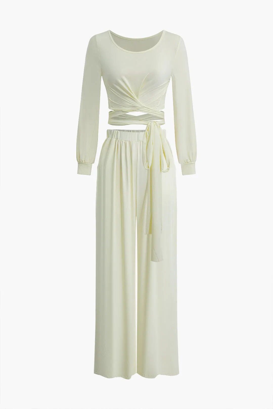 Solid Tie-Up Ruched Cut Out Long Sleeve Top And High Waist Pants Set sold by Micas