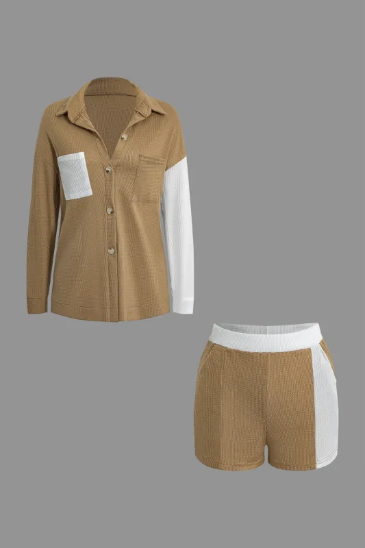 Contrast Pocket Long Sleeve Top And Shorts Set sold by Micas