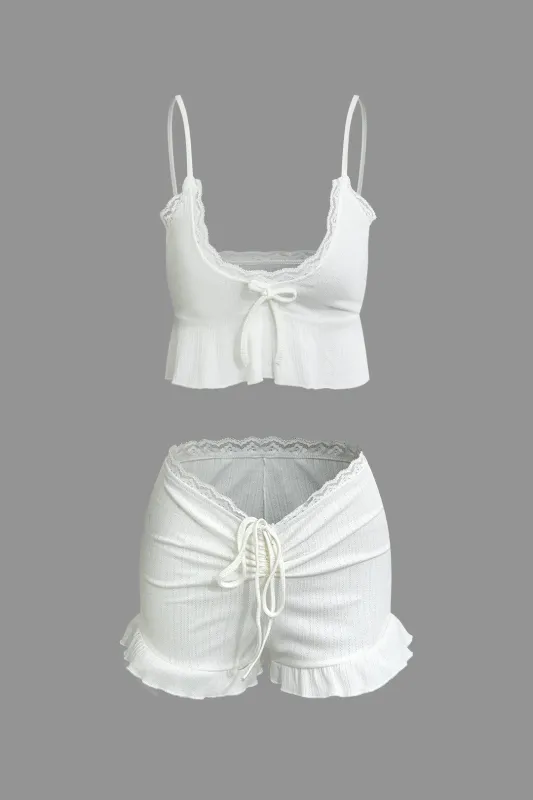 Lace Trim Bow Cami Top And Drawstring Shorts Set sold by Micas