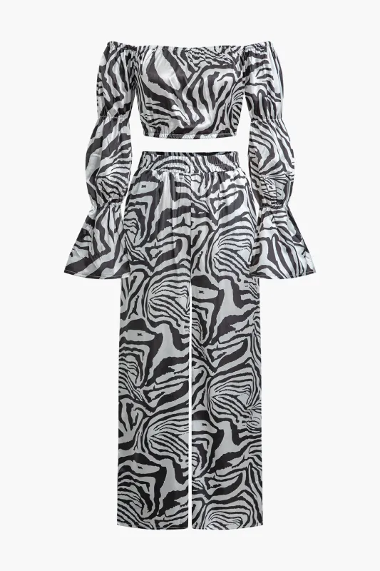Zebra Print Off-Shoulder Shell Sleeve Top And Pants Set sold by Micas