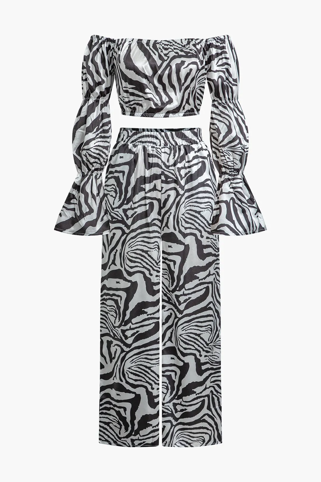 Zebra Print Off-Shoulder Shell Sleeve Top And Pants Set sold by Micas