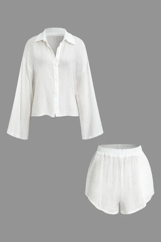 Solid Button Long Sleeve Top And High Waist Shorts Set sold by Micas