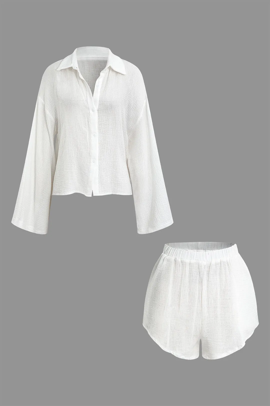 Solid Button Long Sleeve Top And High Waist Shorts Set sold by Micas