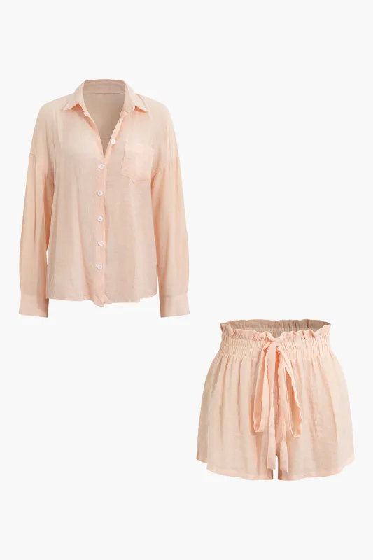 Solid V-Neck Long Sleeve Shirt And Drawstring Shorts Set sold by Micas