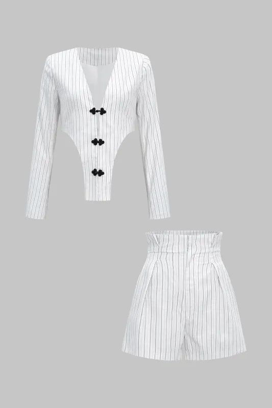 Stripes Deep V-Neck Long Sleeve Top And High Waist Shorts Set sold by Micas