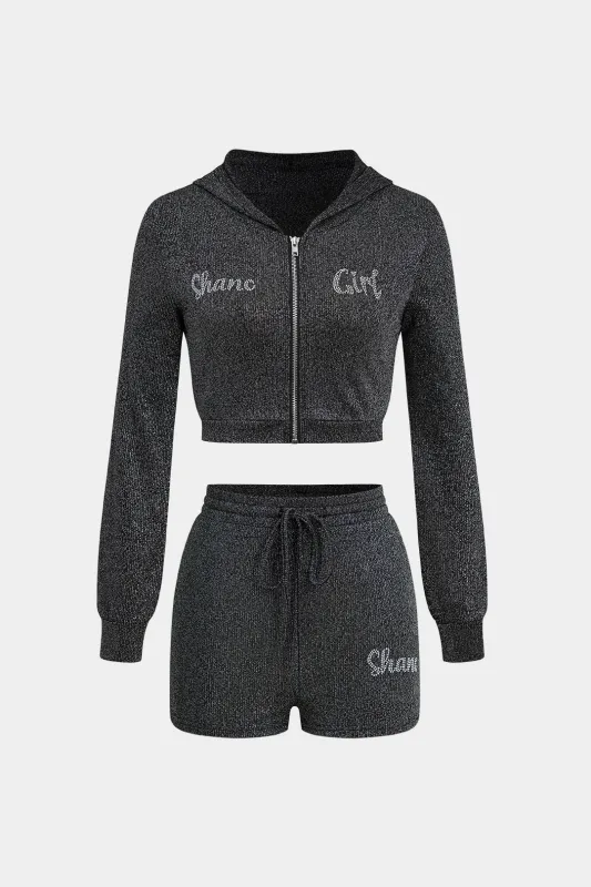 Rhinestone Decor Zipper Top And Drawstring Shorts Set sold by Micas