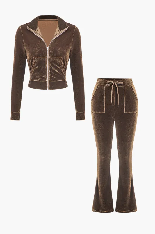 Velvet Ruched Zipper Top And Drawstring Pants Set sold by Micas