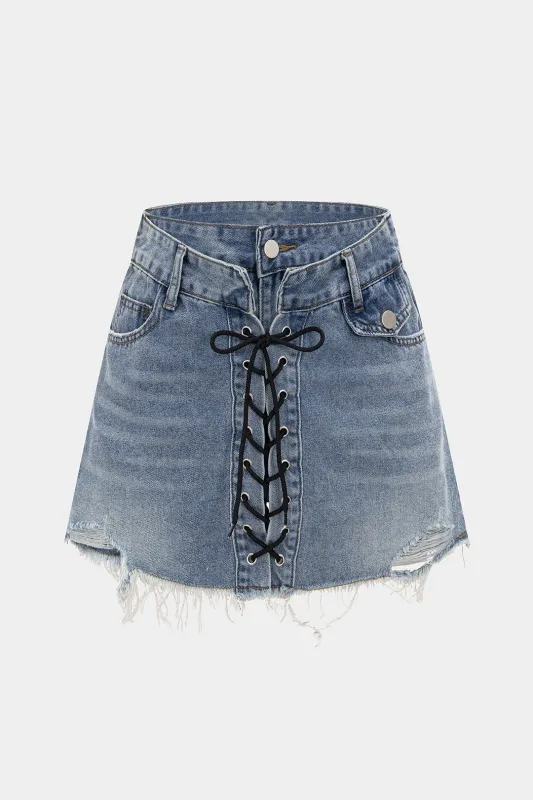 Denim Tie Up Ripped Hem Shorts sold by Micas