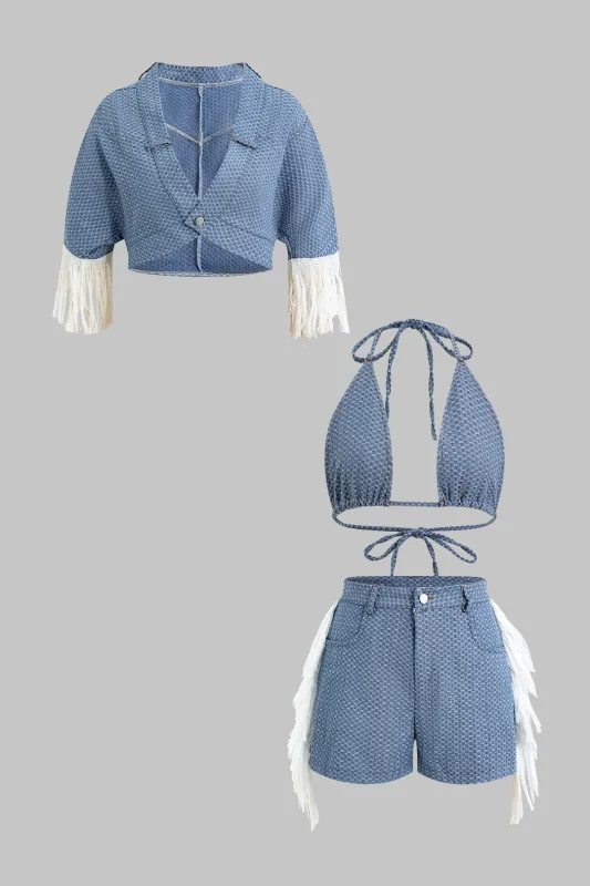 Denim 3PC Fringe Tie-Up Slip Lingerie And Shorts Set sold by Micas