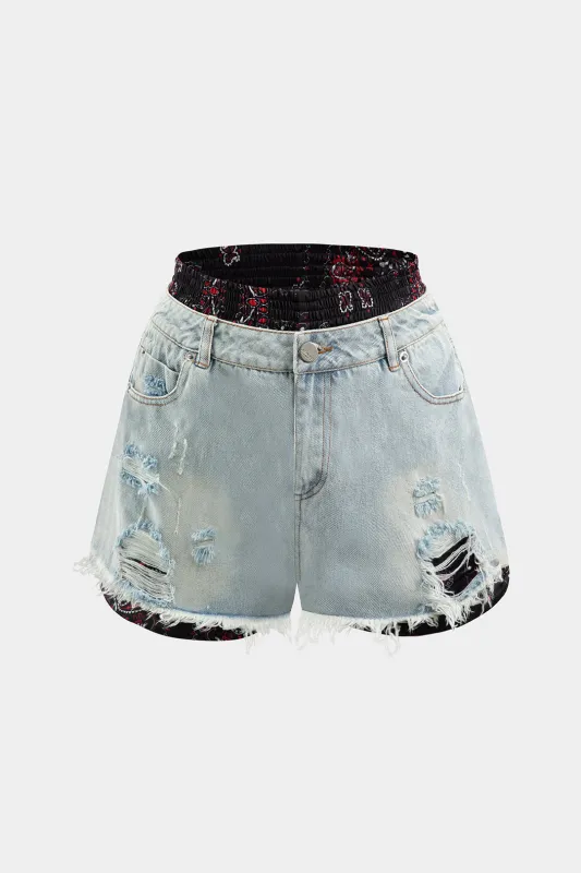 Denim Ripped Double Waistband Patchwork Shorts made by Micas