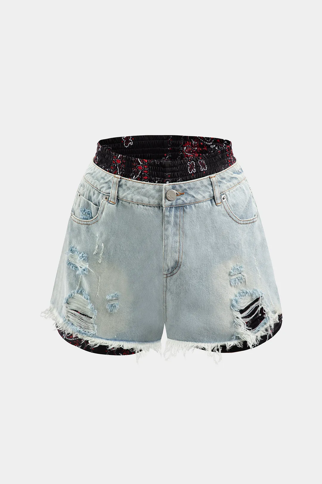 Denim Ripped Double Waistband Patchwork Shorts sold by Micas