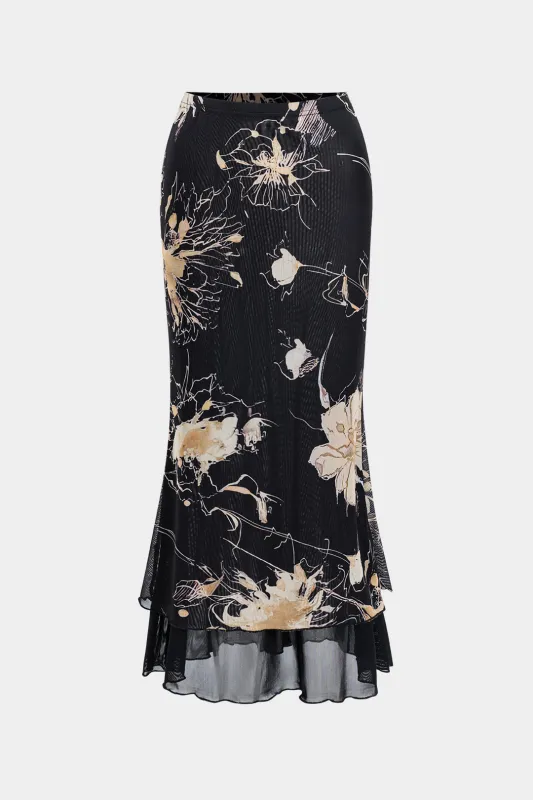 Mesh Floral Print Contrast Low Waist Skirt sold by Micas
