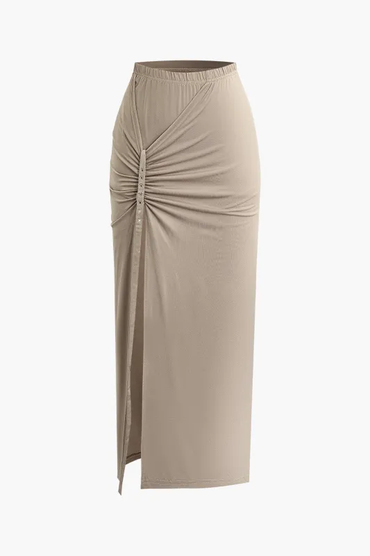 Ruched Asymmetrical Split Midi Skirt sold by Micas