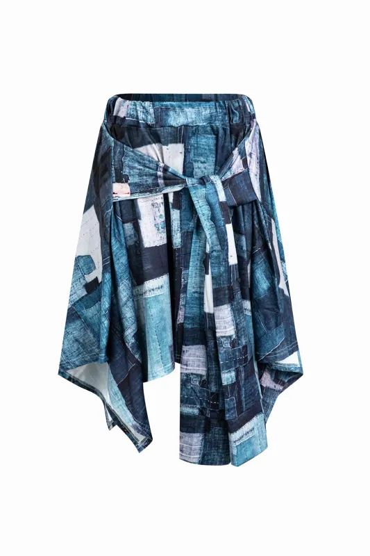 Denim Print Ruched Asymmetrical Tie Up Skirt sold by Micas