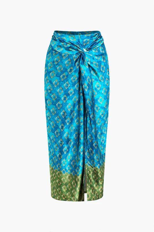 Geometric Print Contrast Twist Knot Split Skirt sold by Micas