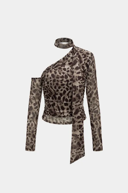 Mesh Leopard Print Asymmetrical Long-Sleeve Top sold by Micas