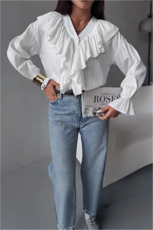 Ruffle V-Neck Long-Sleeve Shirt sold by Micas