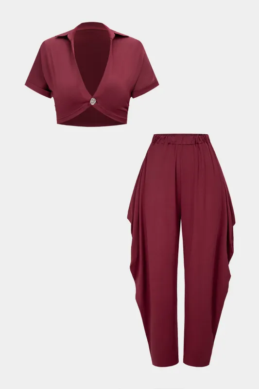 V-Neck Cropped Short-Sleeve Top And Ruched Lantern Pants Set sold by Micas