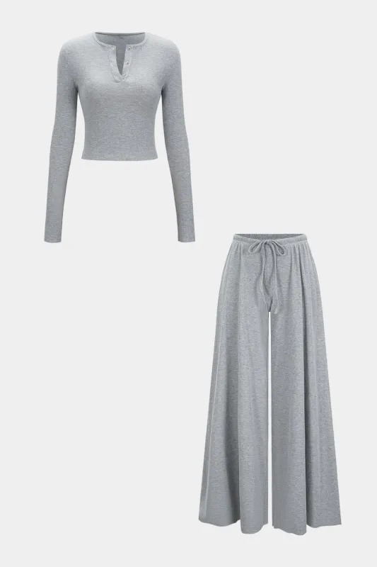 Solid Button Long-Sleeve Top And Drawstring Wide-Leg Pants Set sold by Micas
