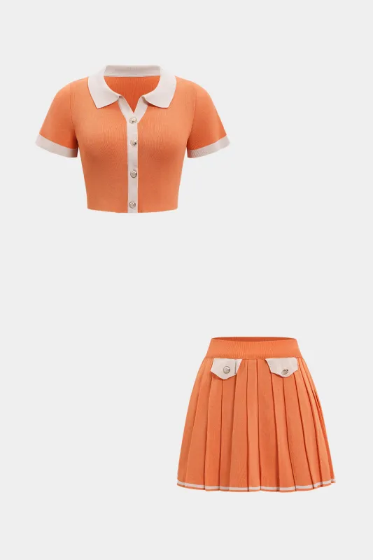 Knit Contrast Binding Short-Sleeve Top And Pleated Mini Skirt Set sold by Micas