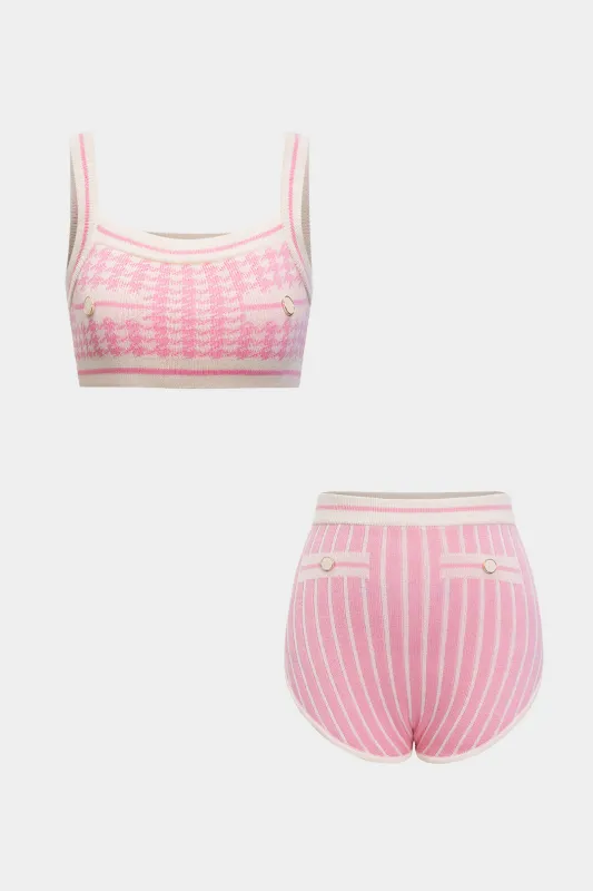 Knit Contrast Plaid Houndstooth Print Cami Top And Shorts Set sold by Micas