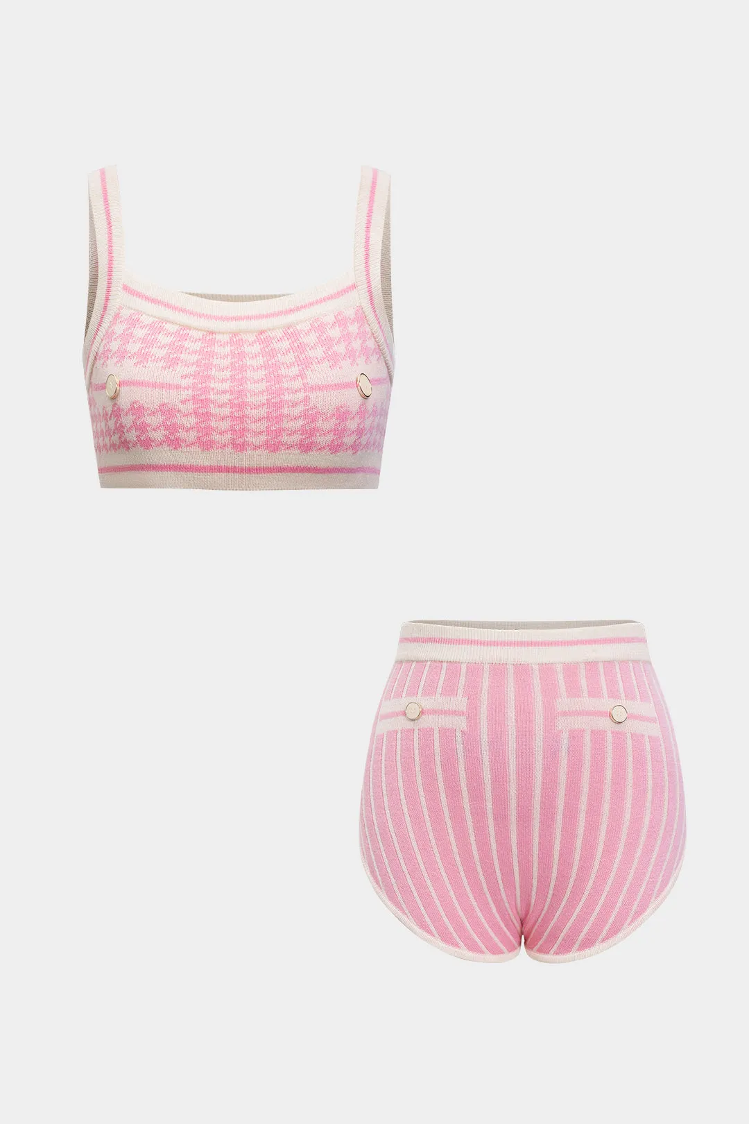 Knit Contrast Plaid Houndstooth Print Cami Top And Shorts Set sold by Micas