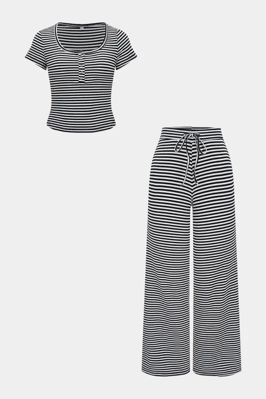 Stripes Print Button Short Sleeve Top And Tie-Up Pants Set sold by Micas