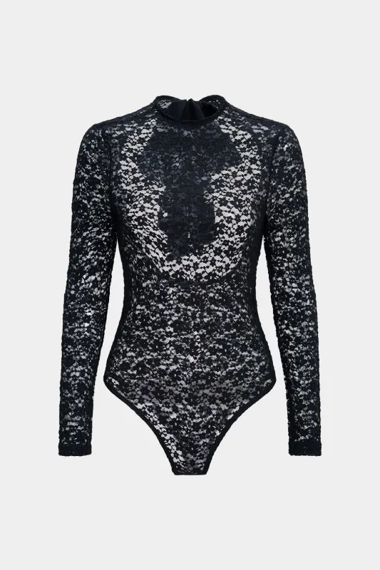 Lace Bow Satin Backless Long-Sleeve Bodysuit made by Micas
