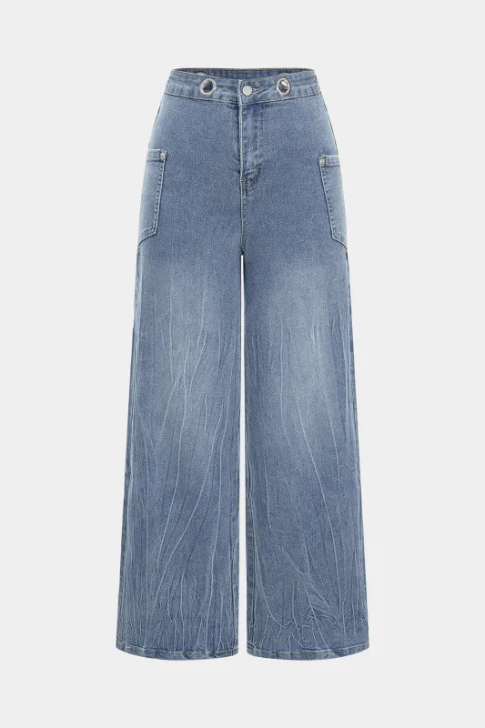 Denim Eyelet Decor High Waist Wide Leg Jeans sold by Micas