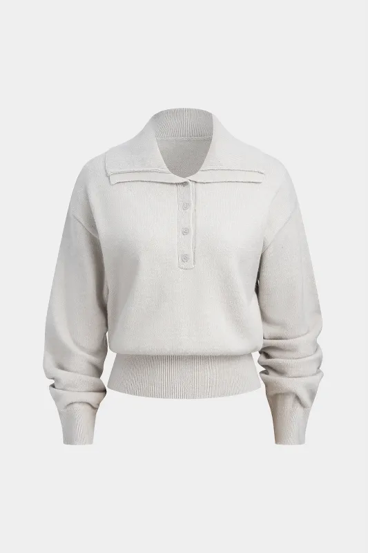 Knit Button Polo Collar Long-Sleeve Top sold by Micas